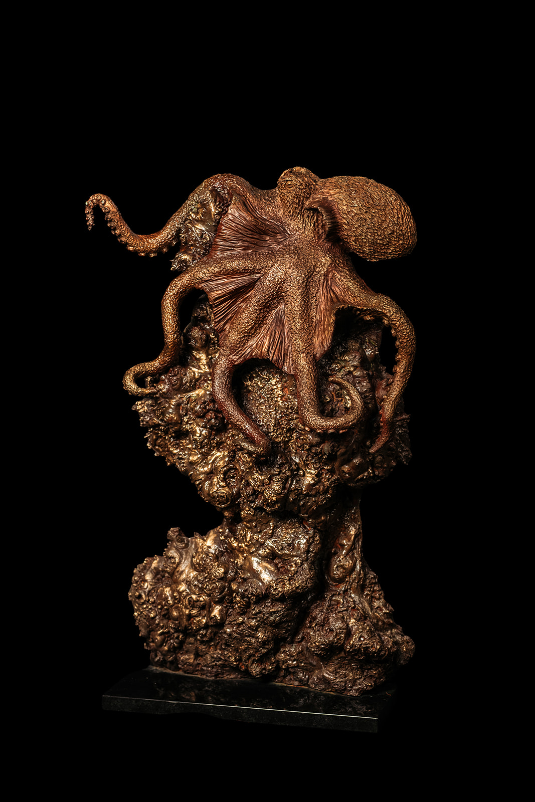 Octopus on coral-like burl, marble base-sculpture